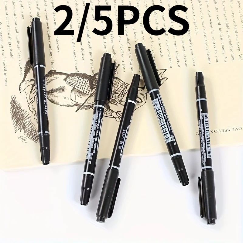 

2/5pcs Dual-Tip Black Markers, Waterproof & Fade-Resistant, Quick-Dry for Drawing and Writing. Black Art Drawing Marker.
