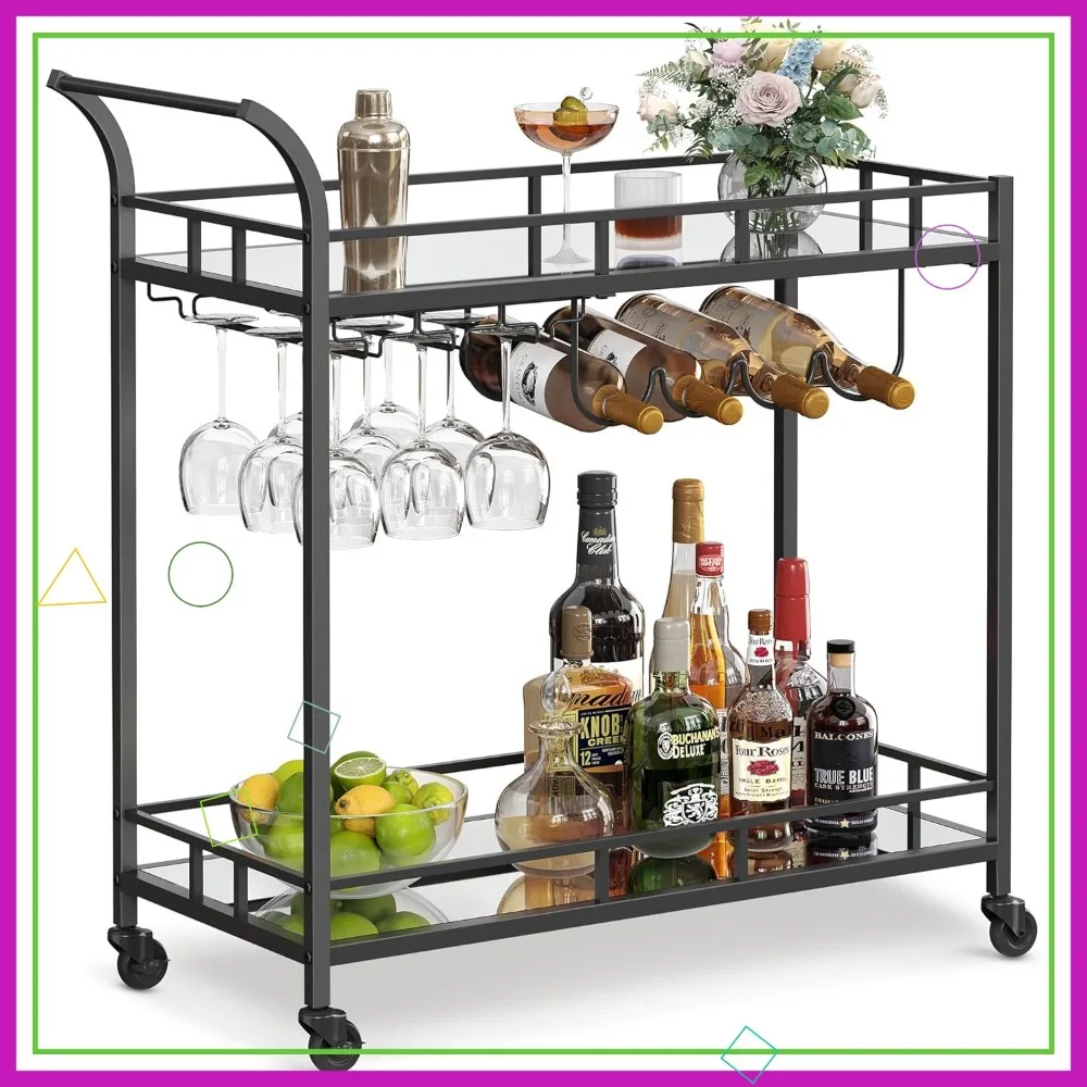 

Black Bar Cart with Mirrored Shelves, Wine & Glass Holders, Lockable Wheels for Kitchen or Dining Room