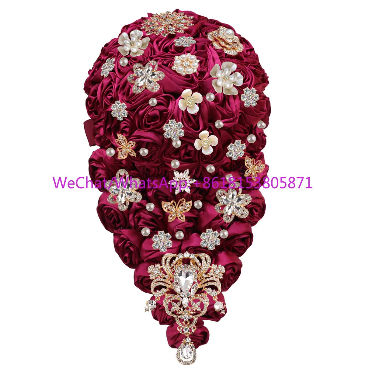 High-end wedding gift bridal waterfall water drop hand holding bouquet with diamond satin silk