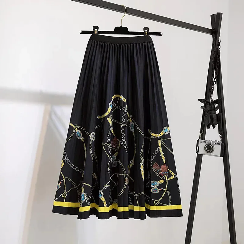 Women's Spring Summer Floral Pleated Long Skirt Leopard Striped Color Block A-line Calf Length Chiffon Skirts