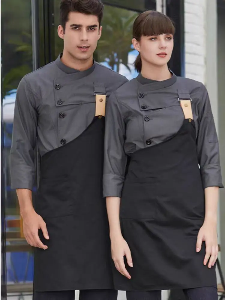 Abbigliamento da lavoro per Chef dell'hotel manica lunga da uomo ristorante cucina cottura giacca da cuoco e grembiule Set Logo uniforme da lavoro personalizzata vendita