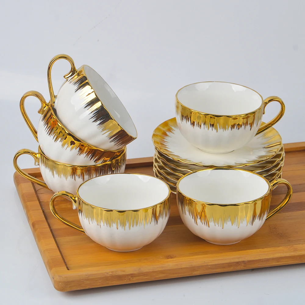 Tea Cups and Saucers, Set of 6 (7 oz) with Gold Trim and Gift Box, Cappuccino Cups, Coffee Cups Set, Porcelain Tea Set,Latte Cup