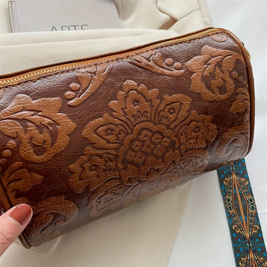 Modna damska torba cylindryczna w stylu retro w stylu chińskim, torba na jedno ramię, cylindryczna torba z wytłoczonym wzorem — zdjęcie 4