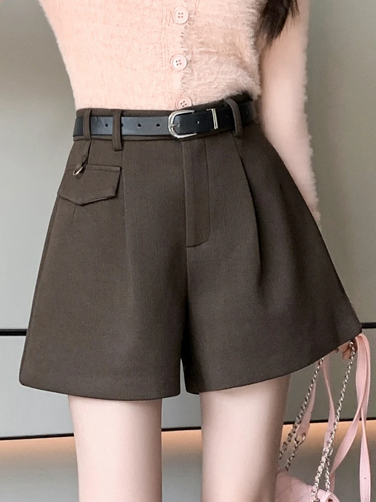 

QOERLIN Women with Belt High Waist A-Line Shorts Korean Fashion Zipper Loose Casual Shorts with Liner Pocket Pants Black Coffee