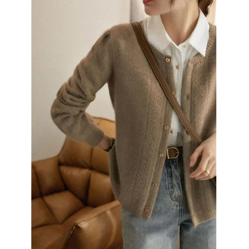 2022 New Pure Wool Cardigan Women Autumn and Winter Korean Edition Round neck SWEATER loose hollow SWEATER Short cashmere coat