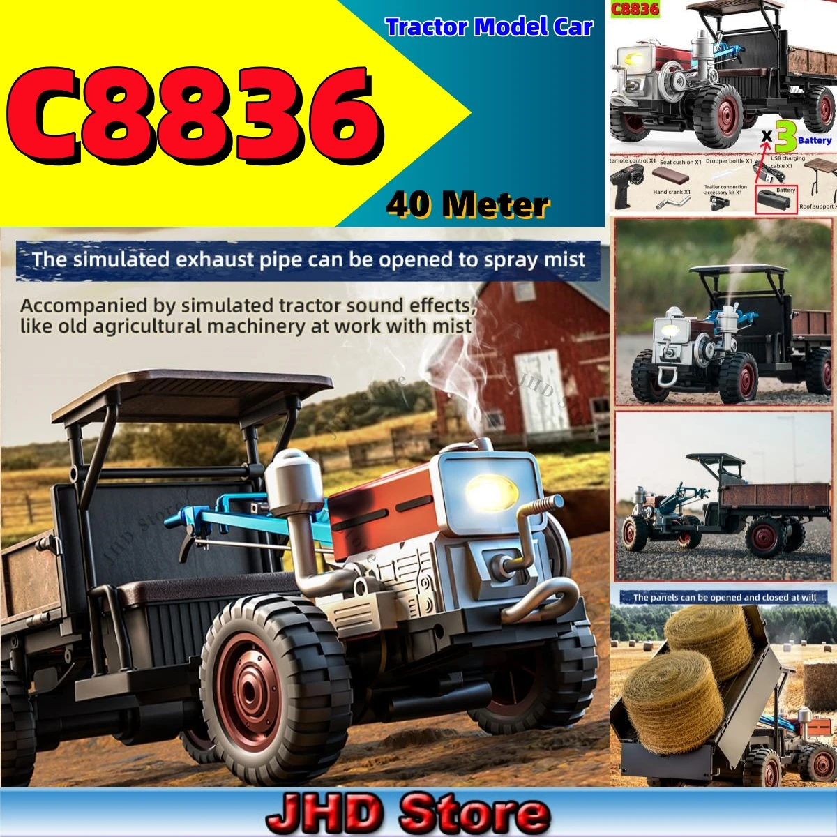JHD For JJRC New Handheld Tractor C8836 Fully Proportional 4WD Simulation Tractor C8836 RC Toy Car With More Battery