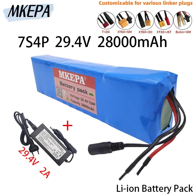 24V 7S4P 18650 28Ah Rechargeable Lithium Ion Battery Pack 29.4V for Electric Bicycle Electric Scooter Batteries+29.4V Charger