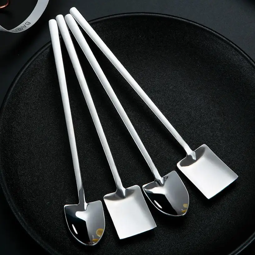 1Pcs Retro Creative Spade‑Shaped Spoon 304 Stainless Steel Long Handle Coffee Stirring Spoon Net Red Dessert Watermelon Spoon