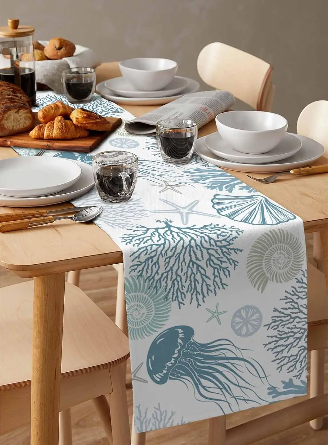 Summer Beach Jellyfish Coral Coastal Linen Table Runner Home Table Decor Farmhouse Kitchen Dining Table Runner Party Decoration