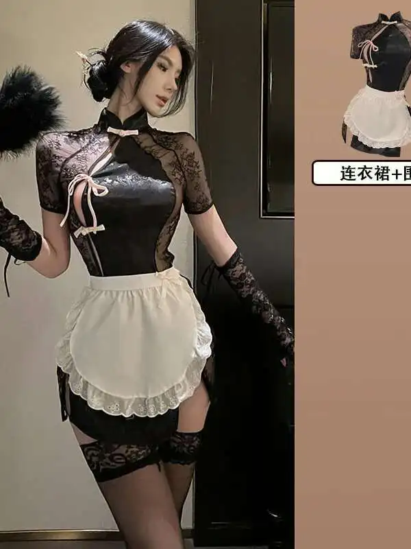 Sexy Queen Cosplay Transparent Nightgown Chinese Maid Cheongsam Pure Desire Uniform Female Dress Elegant Mesh Lace Sheer X3QQ