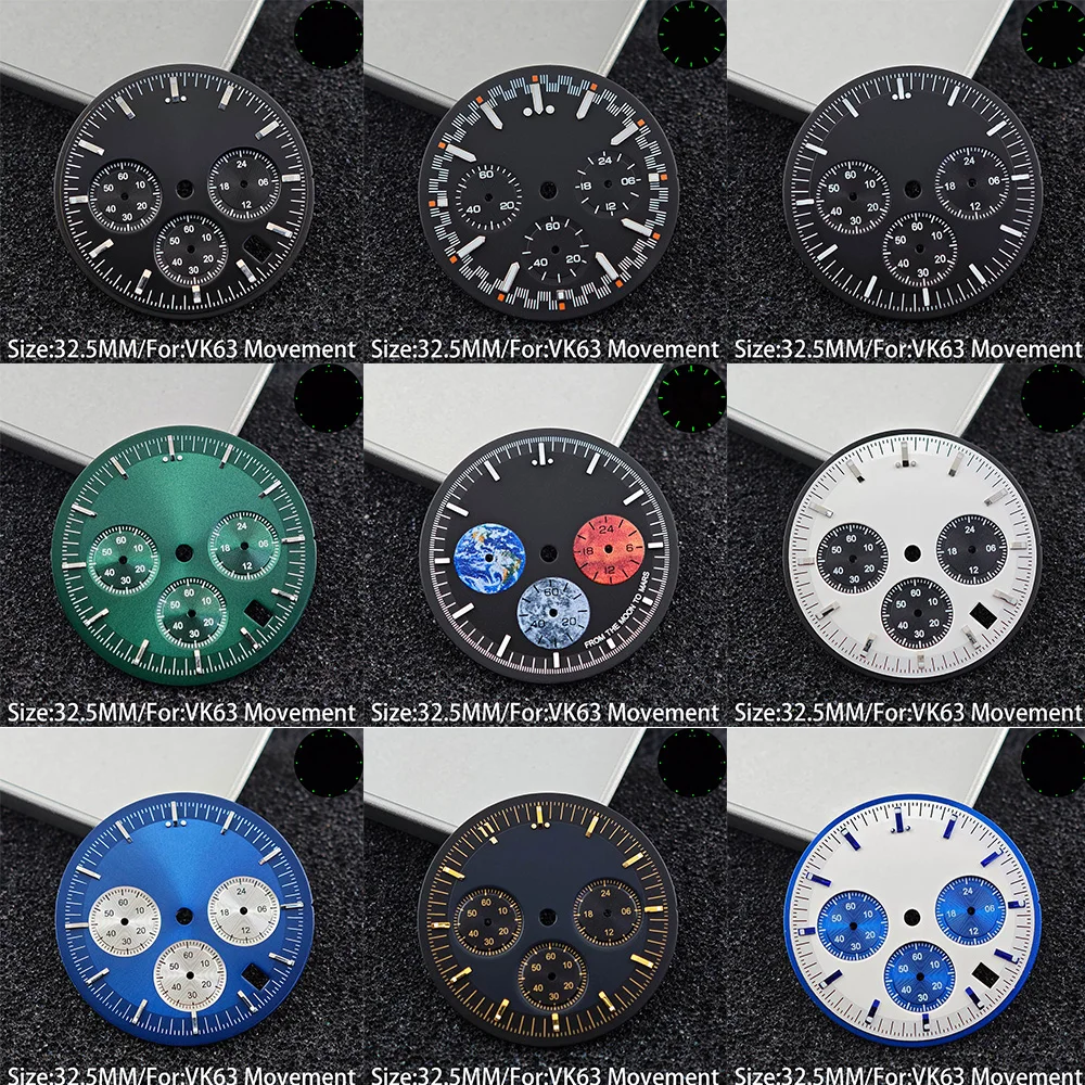 32.5mm Green Luminous VK63 Chronograph Dial & Hands, White Blue Dial Fit VK63 Quartz Speed Master Watch Replacement Parts