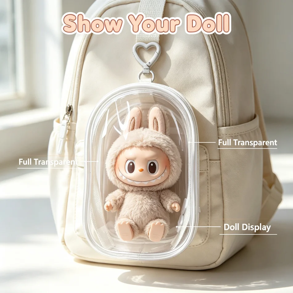 For Mini Labubu Transparent Colorful Doll Display Bag Heart Buckle Outdoor Keychain Clear Protector Case 9 Colors Cute Accessori