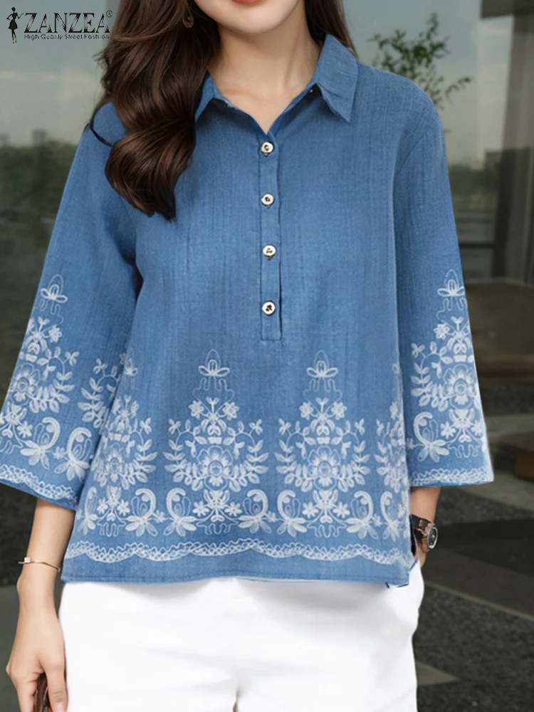 

ZANZEA богемная винтажная блузка с цветочным принтом, женская повседневная блузка с отложным воротником и рукавами 3/4, пуговицы до половины, Blusas Mujer, праздничные свободные топы