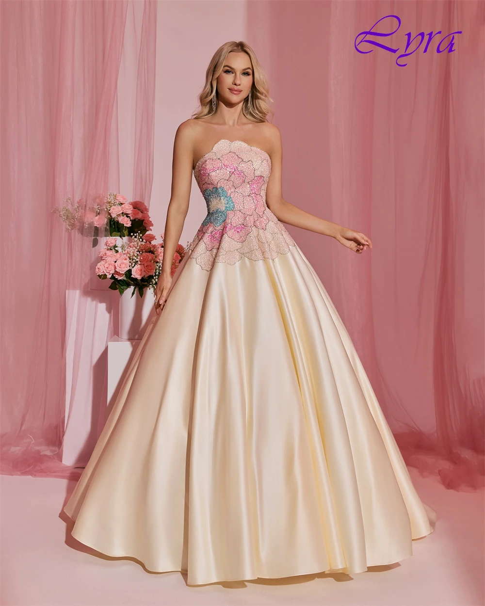 فستان سهرة أنيق مخصص بدون حمالات وفساتين مناسبة خاصة من الساتان الرائعة وفساتين حفلة موسيقية كريستالية مزاجية