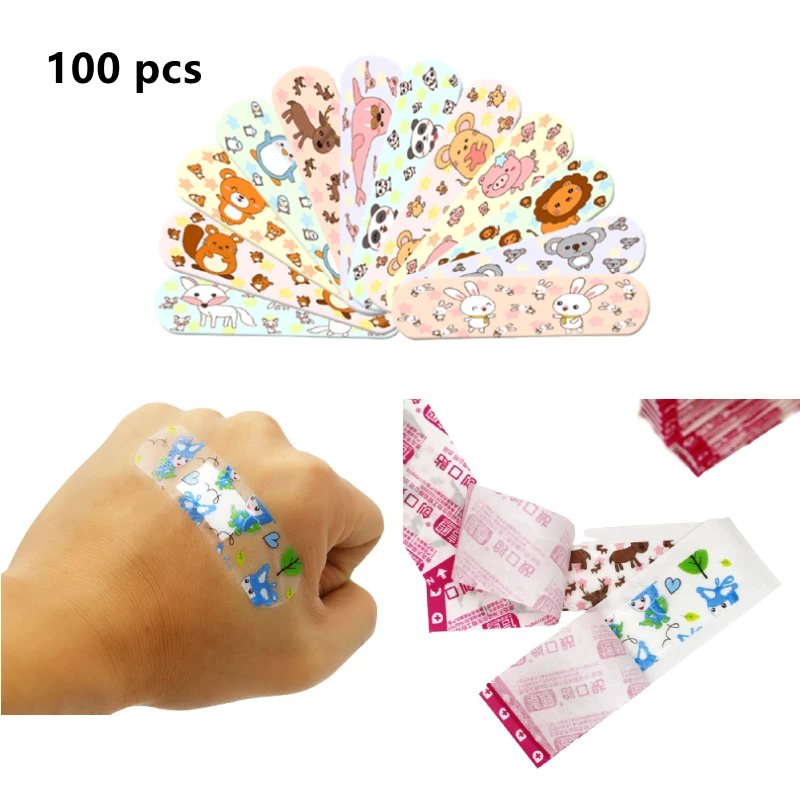 100 Pcs/bag Cute Cartoon Transparent Waterproof Wound Bandages First Aid Breathable Bandaids Adhesive Emergency Kit for Children