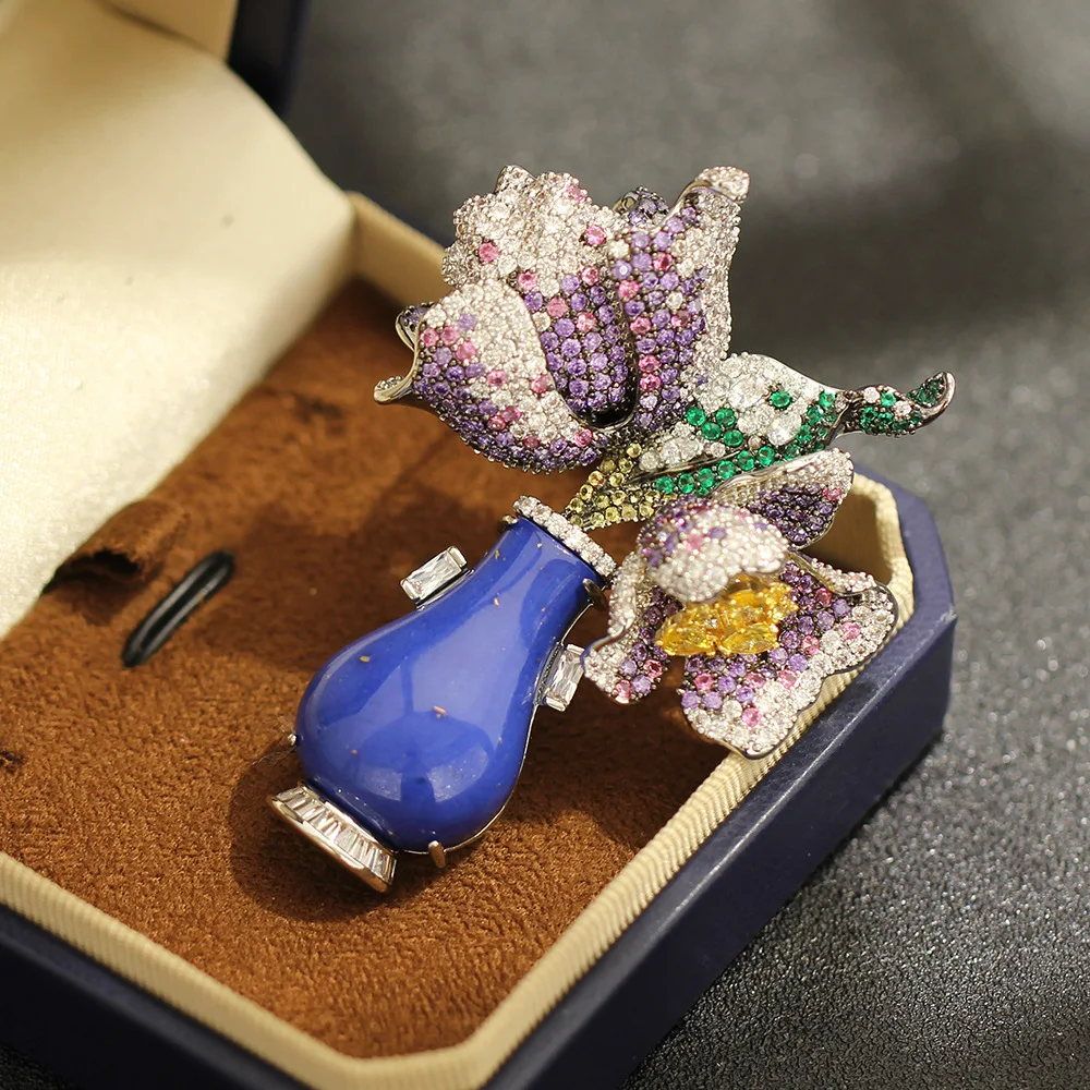 New Chinese Style Blue Flower Vase Lapis Lazuli Tulip Brooch Light Luxury Dress Coat High-end Accessories Pins for Women Gift