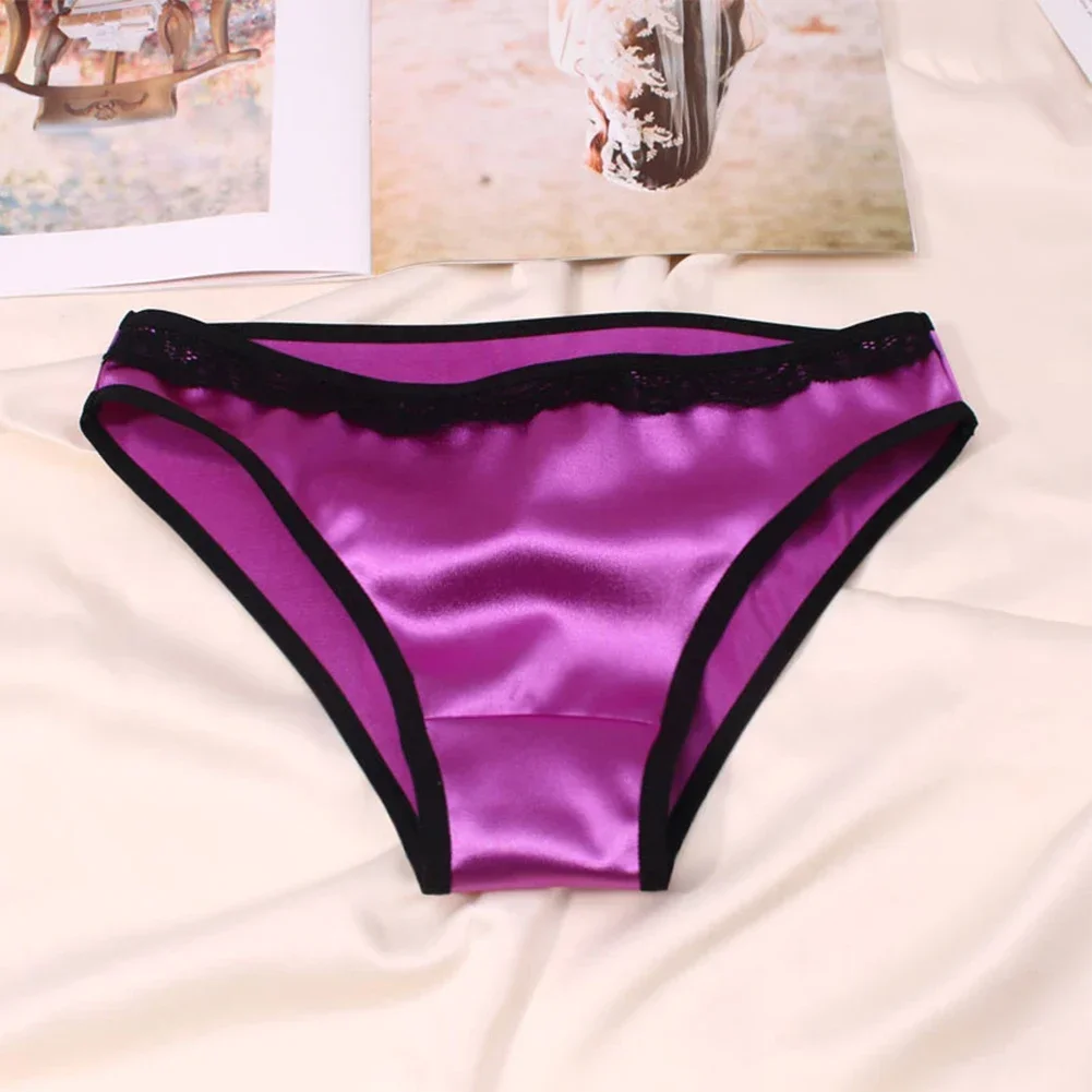 Women Sexy Satin Comfortable Briefs Silk Skin-friendly Underpants Low Waist Underwear Bikini Lace Side Breathable Panties