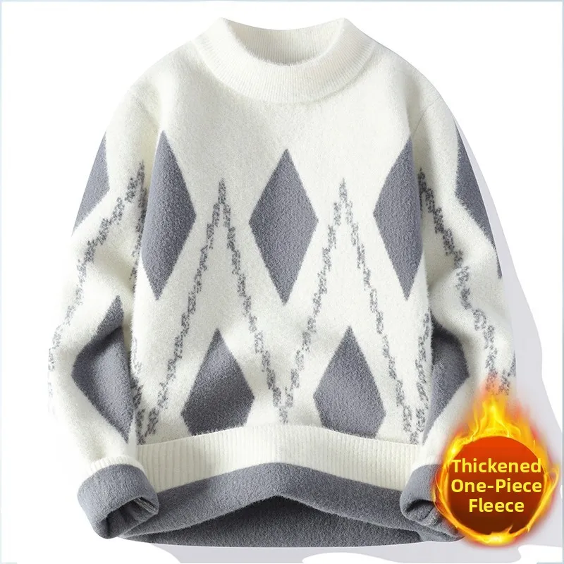 

Утепленный мужской свитер из флиса, осенне-зимний, повседневный, универсальный, вязаный топ для молодежи, модный и теплый