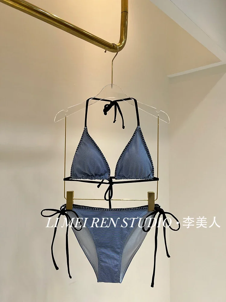 New blue striped bikini swimsuit gathers sexy swimsuits for women