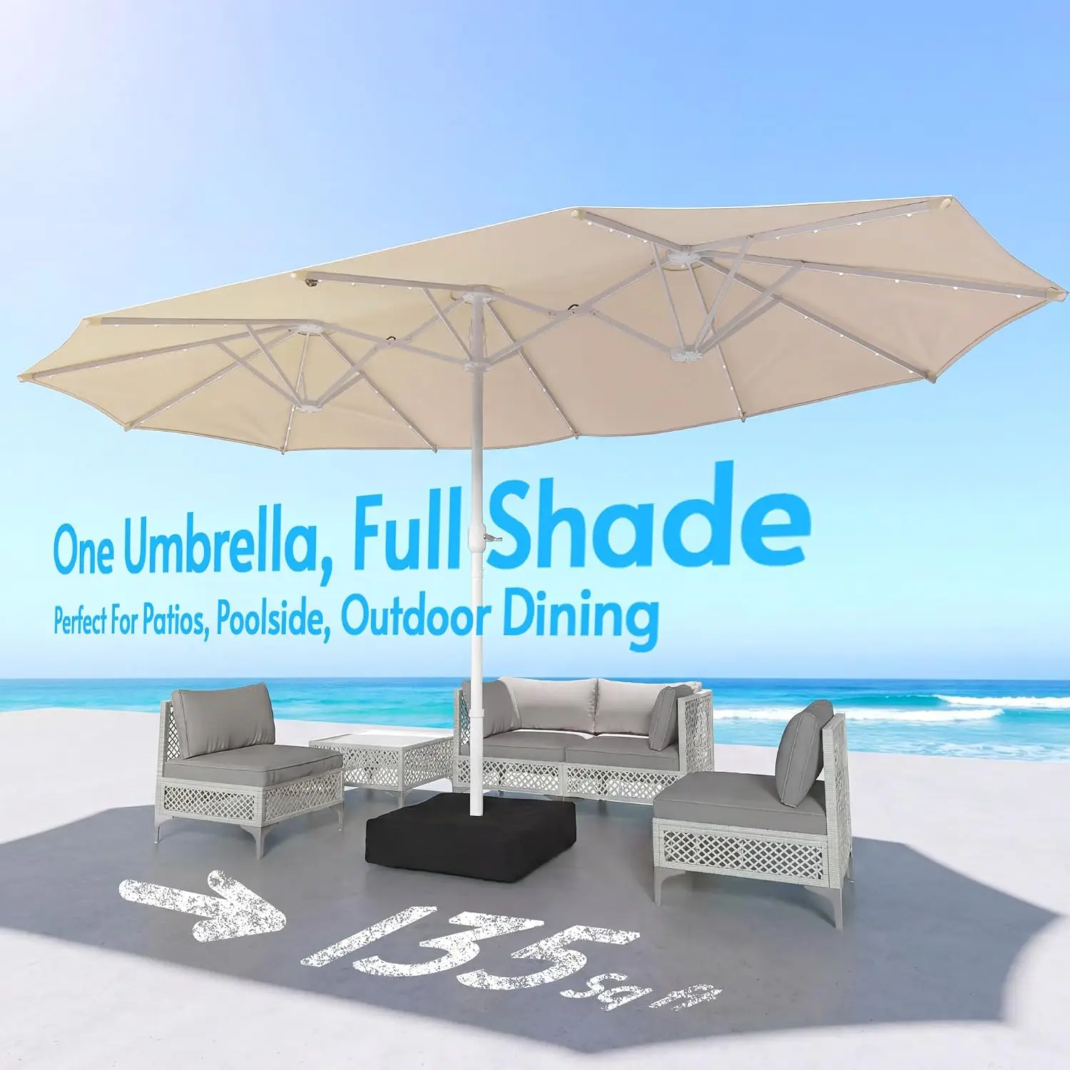 15ft Double-Sided Patio Umbrella with Solar Lights and Base Included, Large Patio Umbrella with 48 LED Dual-Color, Customized
