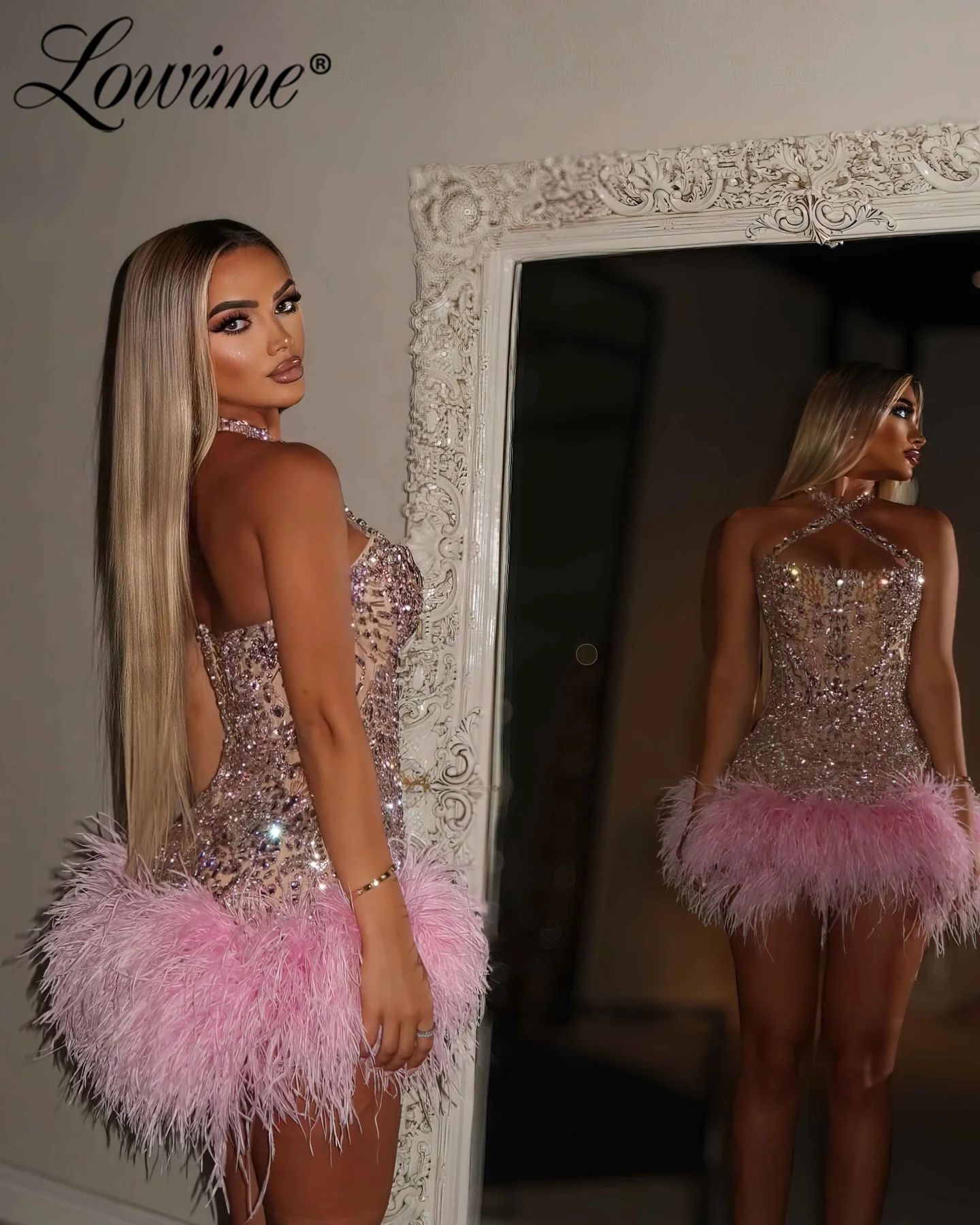 2026 New Design Halter Cocktail Dresses Customized Crystal Feathers Mini Homecoming Party Dress Sexy Backless Prom Dresses Short