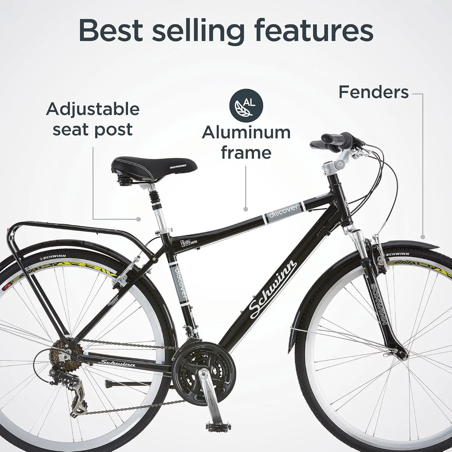 Discover Adult Hybrid Bike for Men and Women 700c Wheels 21-Speeds Step-Through or Step-Over Frame Front and Rear Fenders