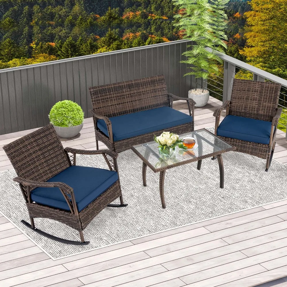

Set of 4 Wicker Rocking Set w/ Loveseat & Coffee Table Heavy-Duty Metal Frame