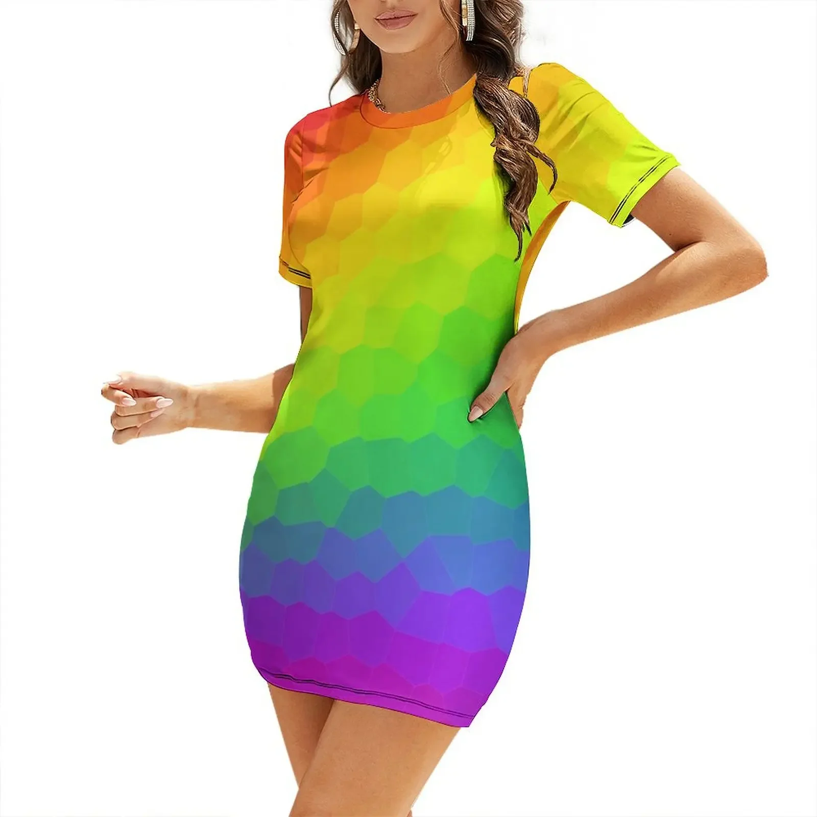 

Stained Glass Rainbow Gradient Short-Sleeved Dress women long dresses party dresses woman long dresses for women Prom gown Dress