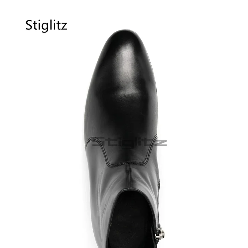 Schwarze echte Leder Stiefeletten für Männer spitzen Zehen Chelsea Stiefel britischen Stil Med Heel Business Kleid Hochzeit männliche Schuhe