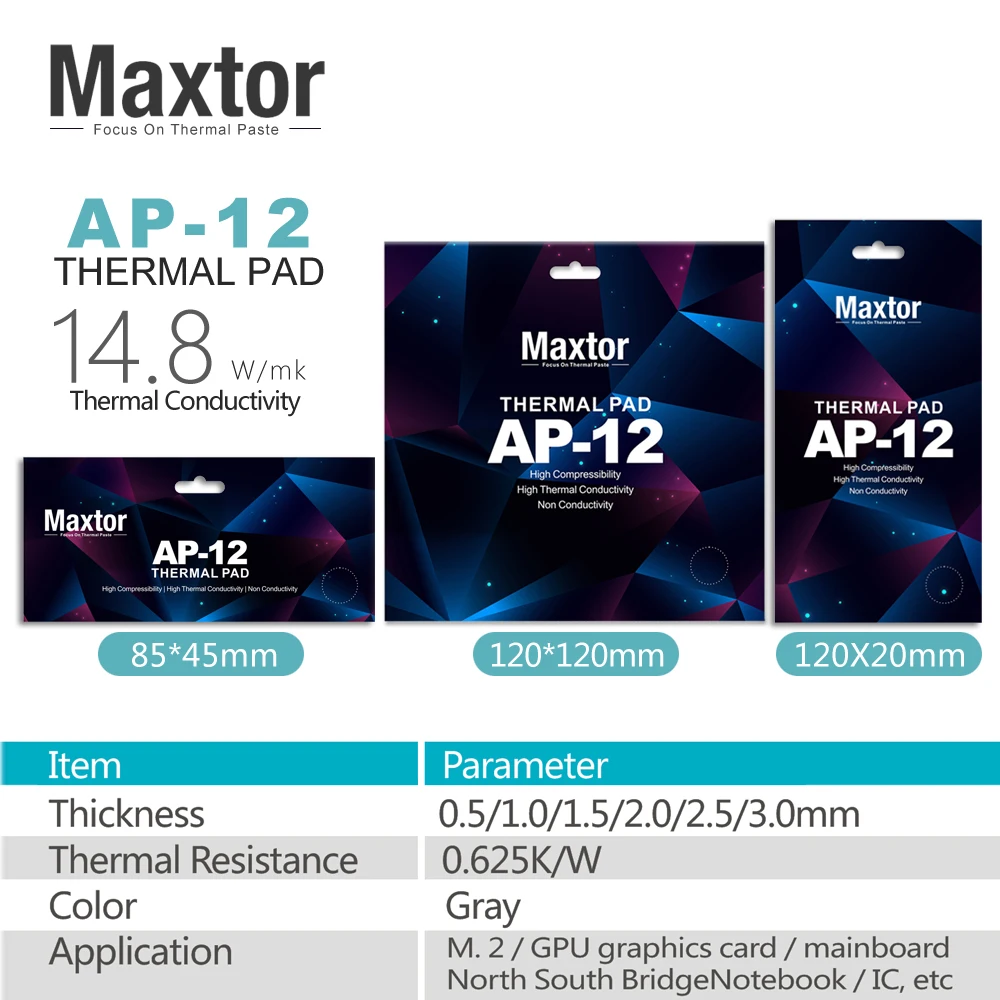 Maxtor-Alta Condutividade Térmica Dissipação de Calor Silicone Pad, Graxa Cooling Pad, CPU GPU, 14.8W/mk, AP-12