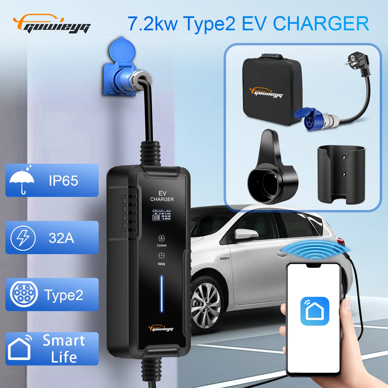 GUWIEYG 7KW 32A Adjustable EV Charger Type2 Socket APP Version Set Charging Time EVSE Charging Box for Electric Vehicle