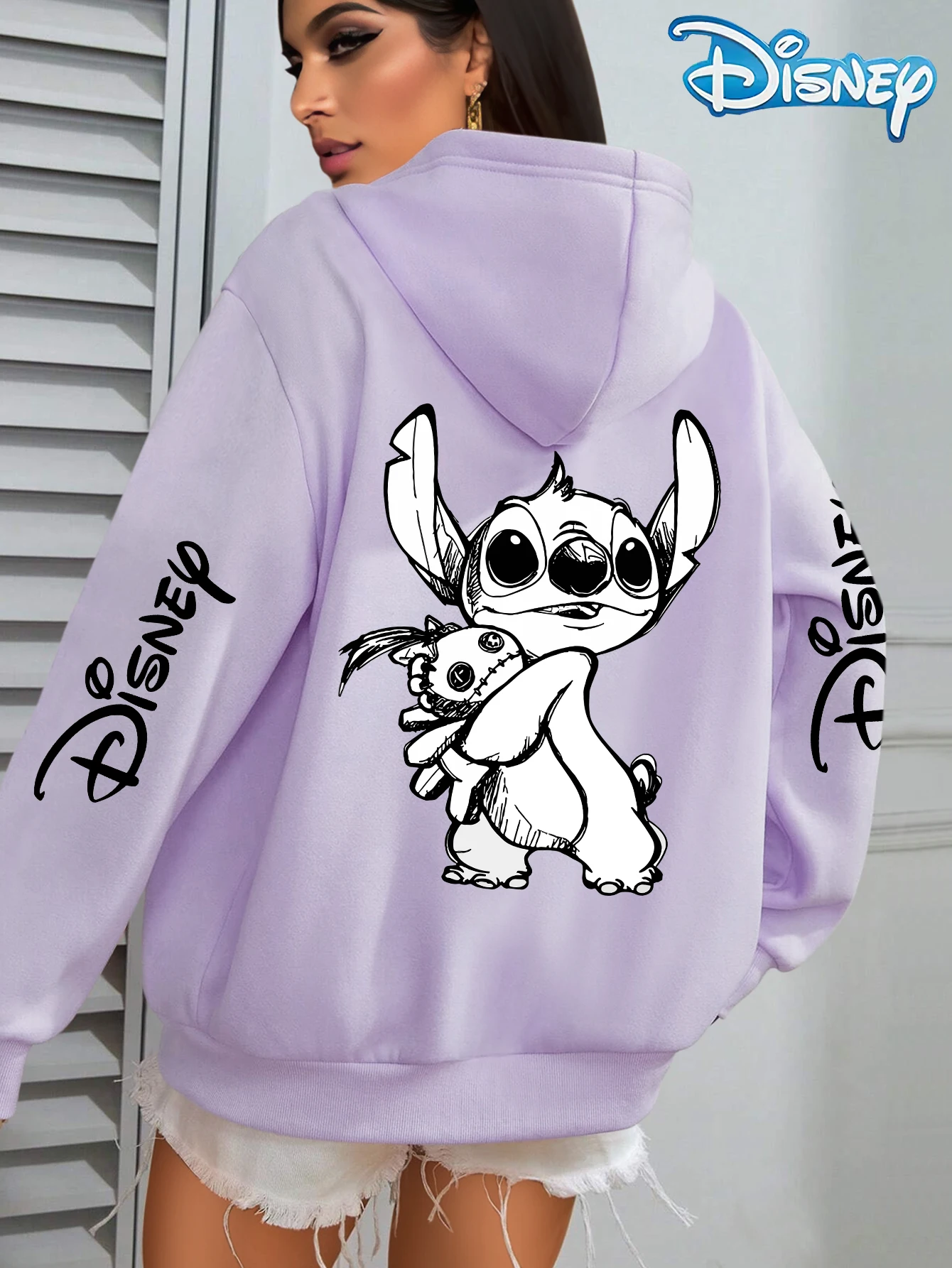 Unisex Disney Lilo Stitch Cotton Fleece Hoodie Black Color Blue Alien Hugging Rag Doll Big Eyes Back Print Sleeve Text Loose Fit