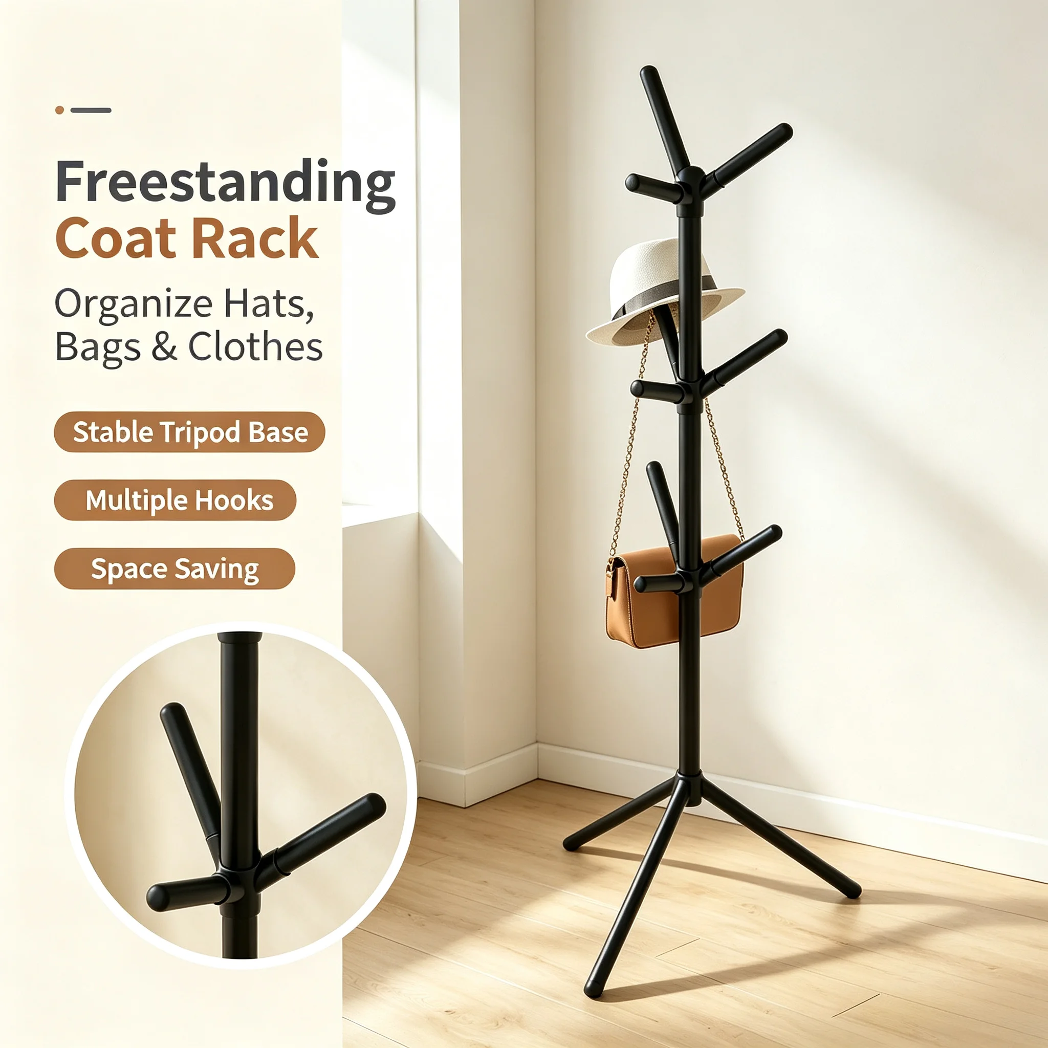 Black Freestanding Metal Coat Rack Stand with 9 Hooks Stable Tripod Base Rustproof Space Saving for Entryway Bedroom Living Room