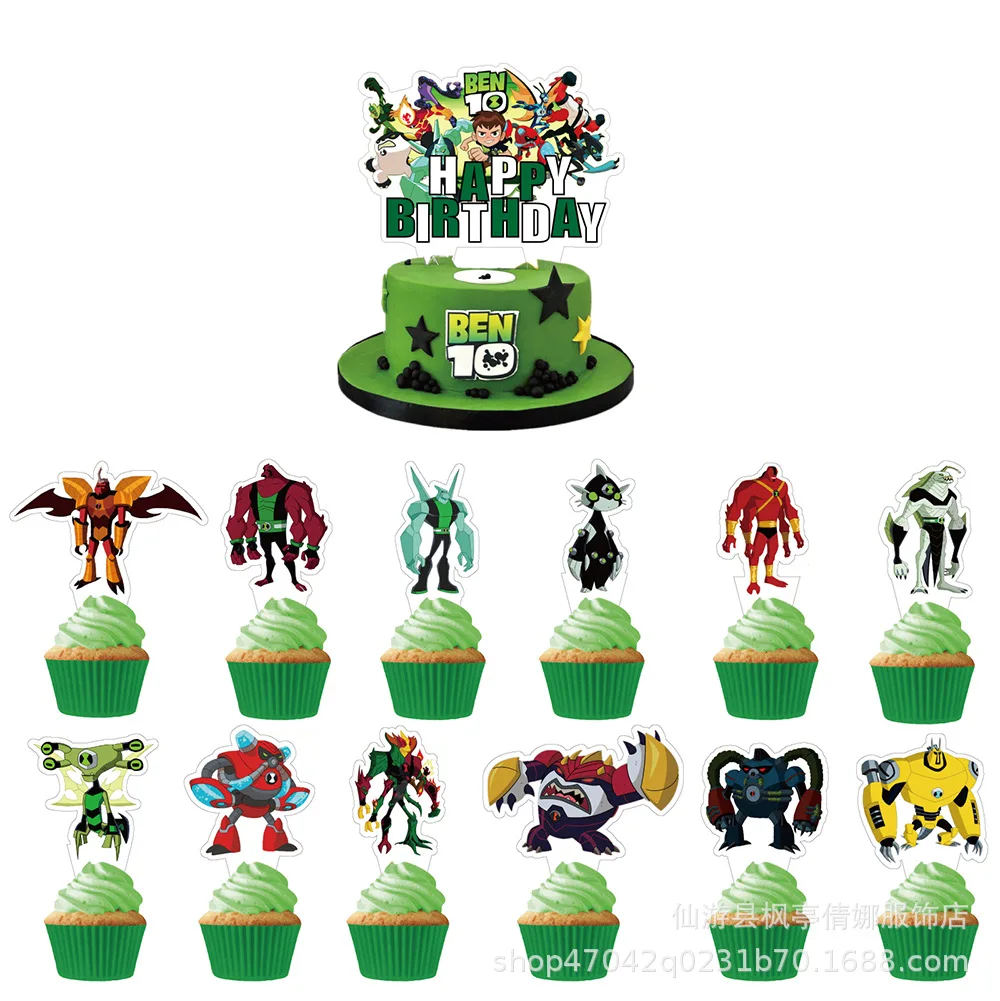 Ben Boy 1Set Tableware Anime Cartoon Party Supplies Ben 10 Theme Famliy Birthday Party Decoration CakeCup Topper Flag Toy Gifts