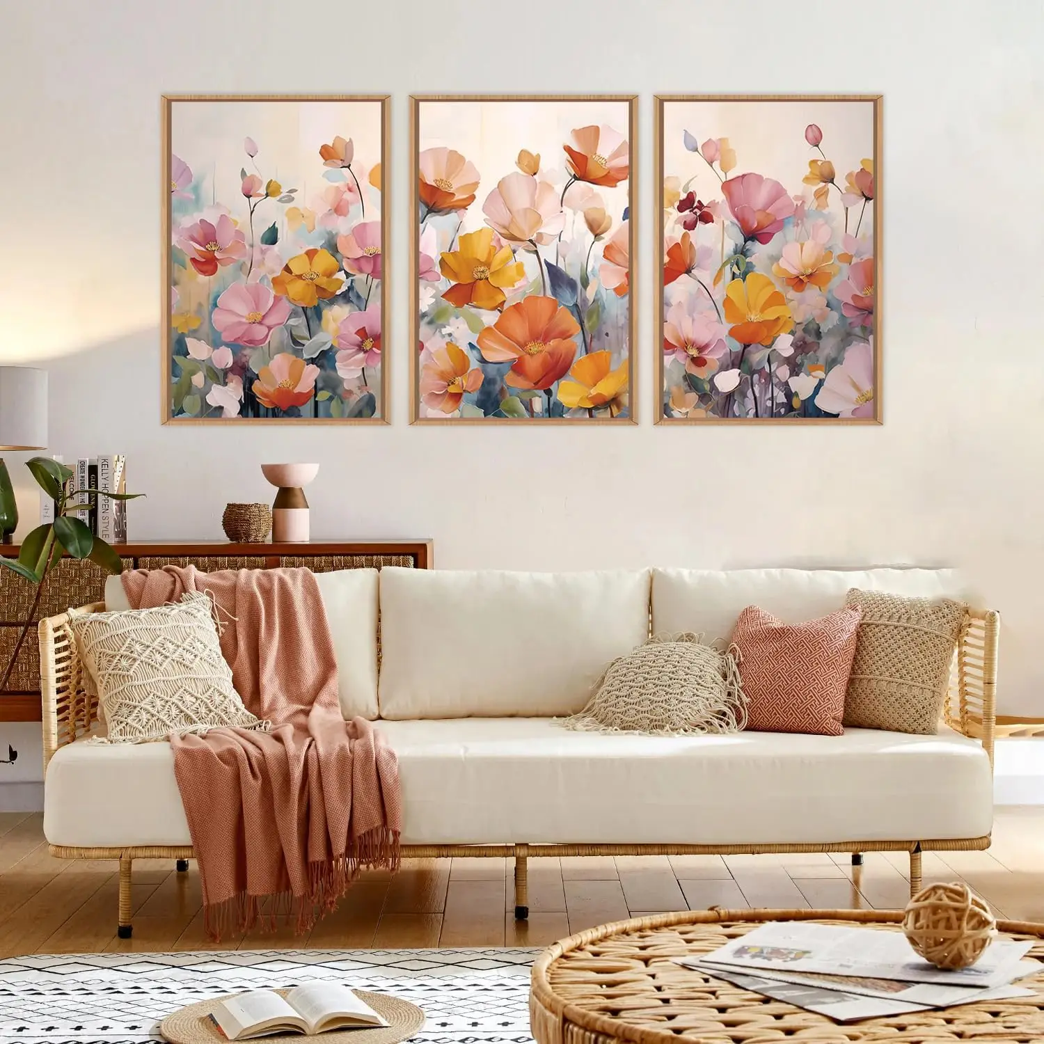 

3pcs/set Colorful Pink Wildflower-framed Canvas Wall Art, Modern Bohemian Floral Plant Decoration Living Rooms, Bedrooms Offices