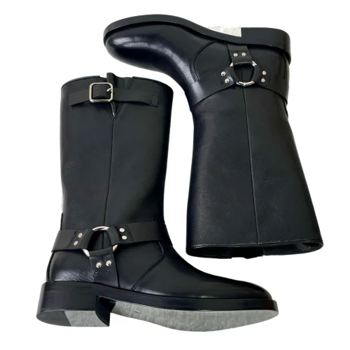 Cowhide Version 2024 New British Style Belt Buckle Mid-Leg Boots Heel Boots Women's Western Knight Boots Top Leather