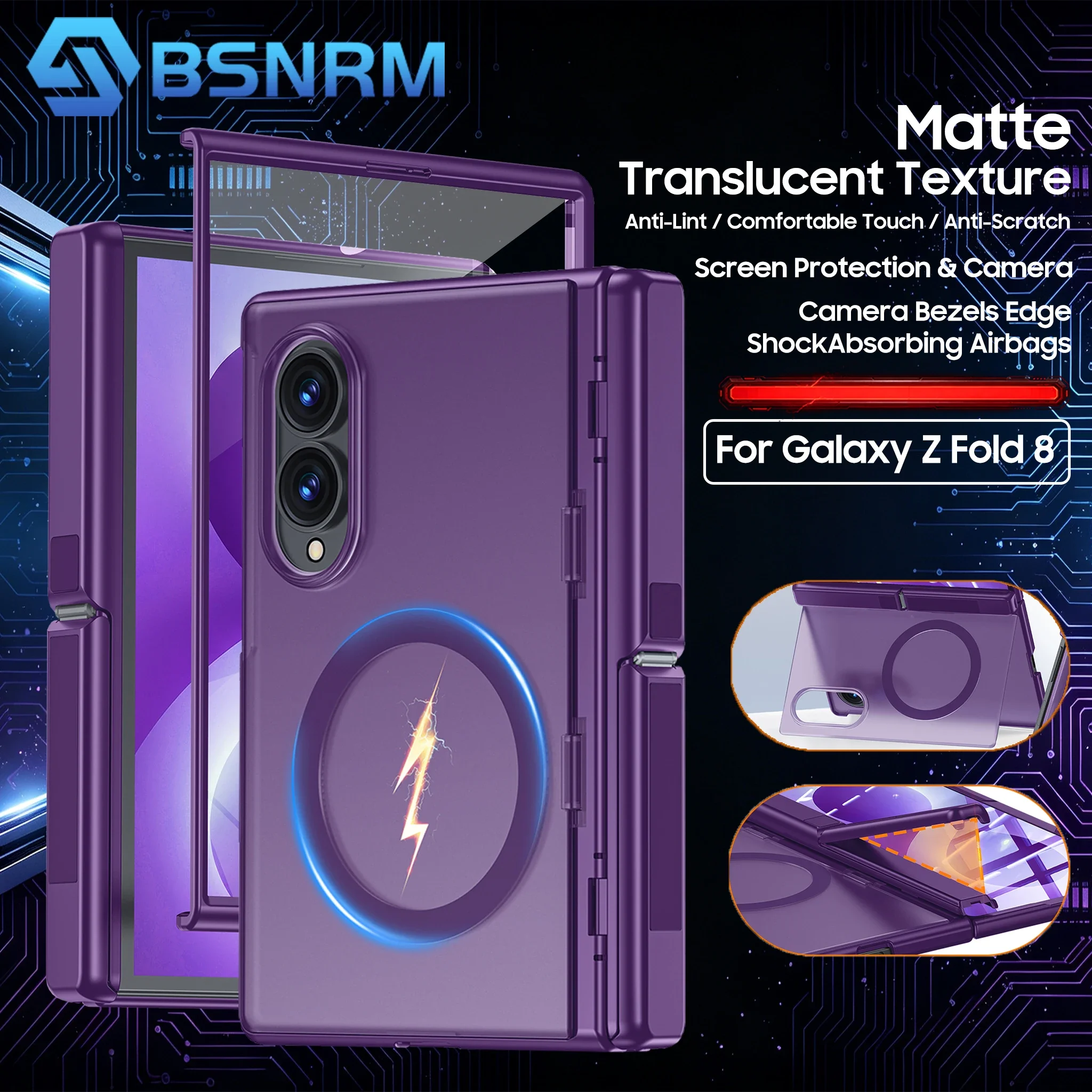 For Samsung Galaxy Z Fold 8 Magnetic Case Full Hinge Built-in 9H Glass Hidden Kickstand Matte Anti-Scratch Cover-Purple