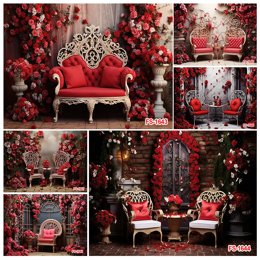 Retro Red Flowers Wall Photo Background Red Rose Chair Photography Backdrop for Valentine Day Kids Portrait Photo Studio Props