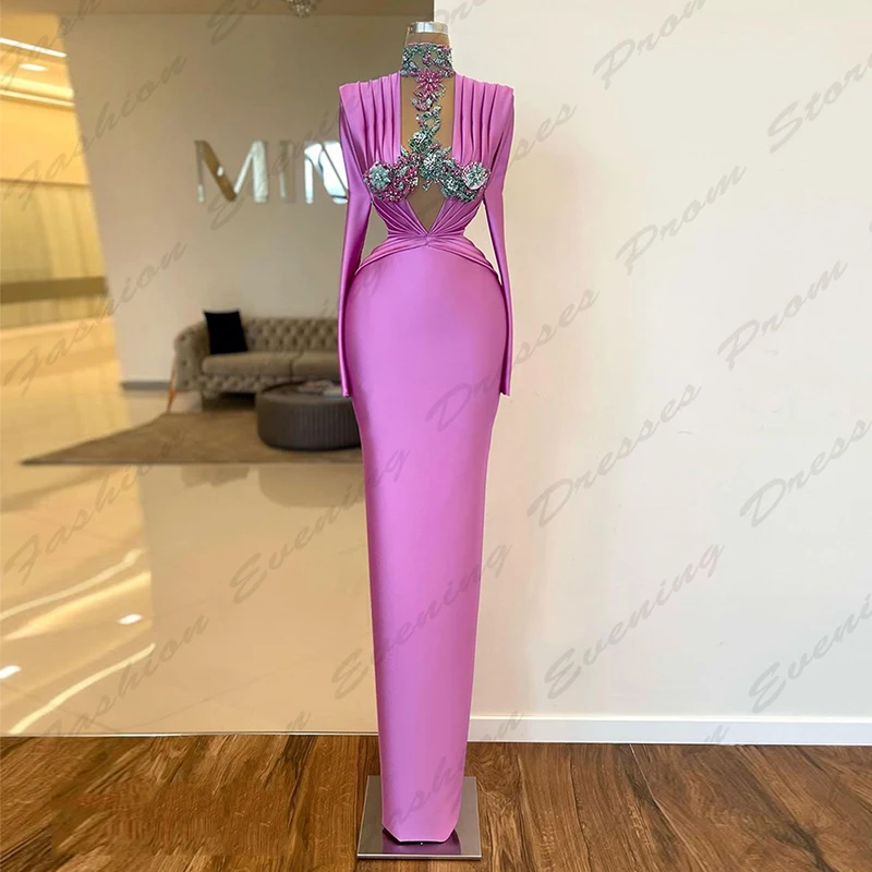 Gorgeous Satin Romantic Evening Dresses Exquisite Beading Mermaid High Necked Long Sleeved Simple Slimming Prom Gowns For Women