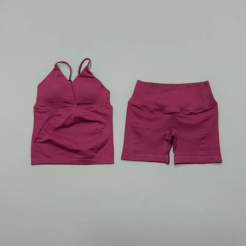 HISTELLO Vision Sportsets für Damen Nahtloses Twist-Front Longline-Top Bauchkontrolle Cross-Shorts Anzug Biker Gym Workout-Set – Detail 13