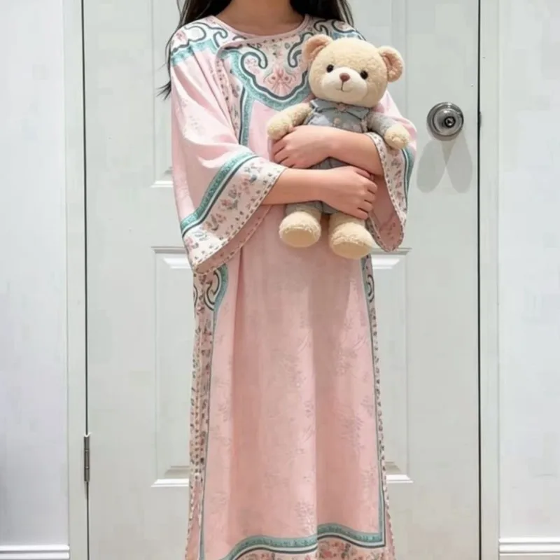 Chinese Style Nightgown Girls Spring Summer Court Style Design Loose Home Clothes Medium Length Nightgown Skirt Sleepwear ZJ10