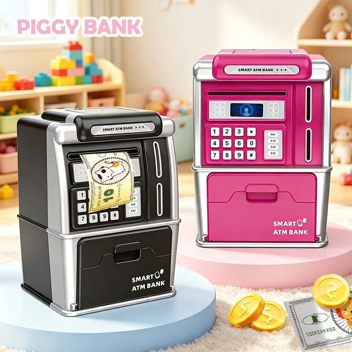 Electronic ATM Piggy Bank Smart Password Unlock Toy for Kids Swipe Card Coin Saving Box with Sound Light Music Gifts