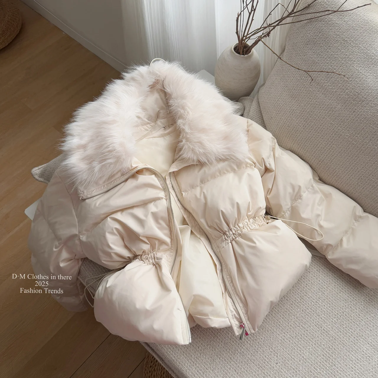 Dames herfst winter elegante nepbontkraag witte eend donsjack dame dikke warme lange mouwen trekkoord taille dons uitloper