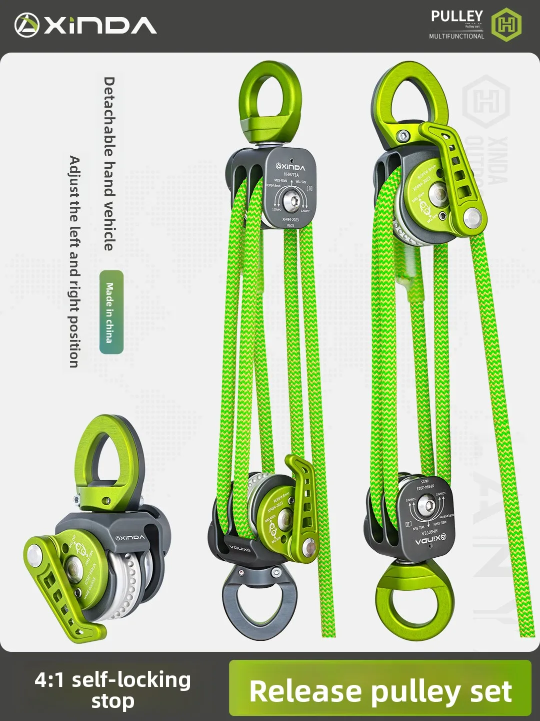 Losmaakbaar tweewegkrachtvermenigvuldigend katrolsysteem 4:1 is een efficiënte hijs- en reddingskatrolenset bespaart moeite