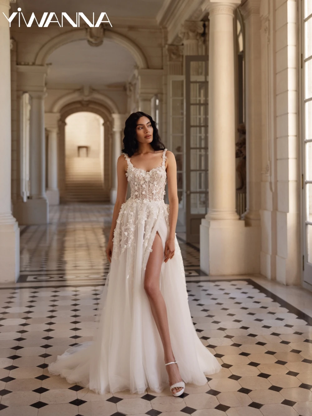 

Charming 3D Flower Sweetheart Neck Wedding Dress Shiny Beaded Thin Straps Bridal Gown Customized A-line Long Dresses For Bride