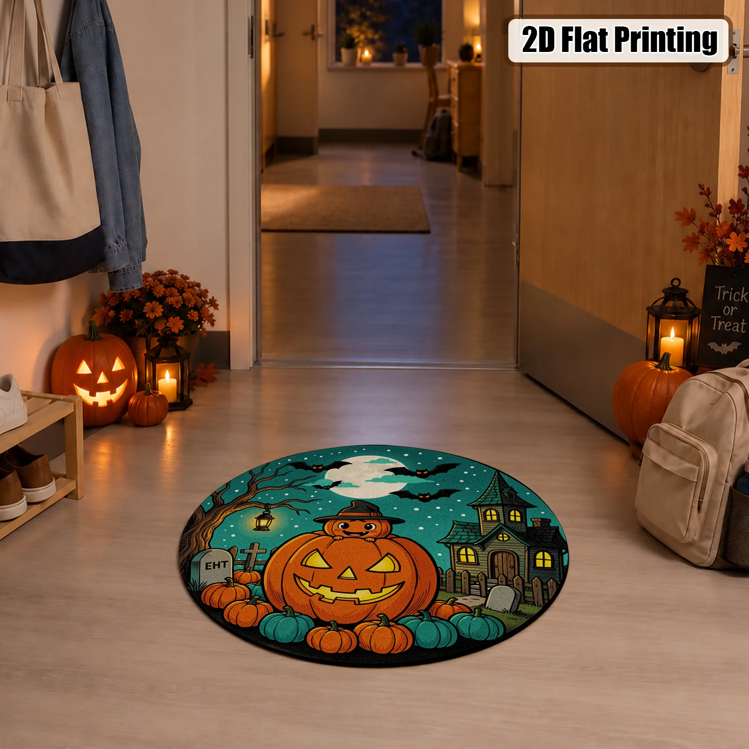 Halloween Jack-o'-lantern Haunted Mansion Bat Moon Pattern Round Velvet Rug, Machine Washable Soft Floor Mat for Living Room Bedroom Entryway Dining Area, Festive Home Decor for Halloween Thanksgiving Christmas New Year, Perfect for Black Friday