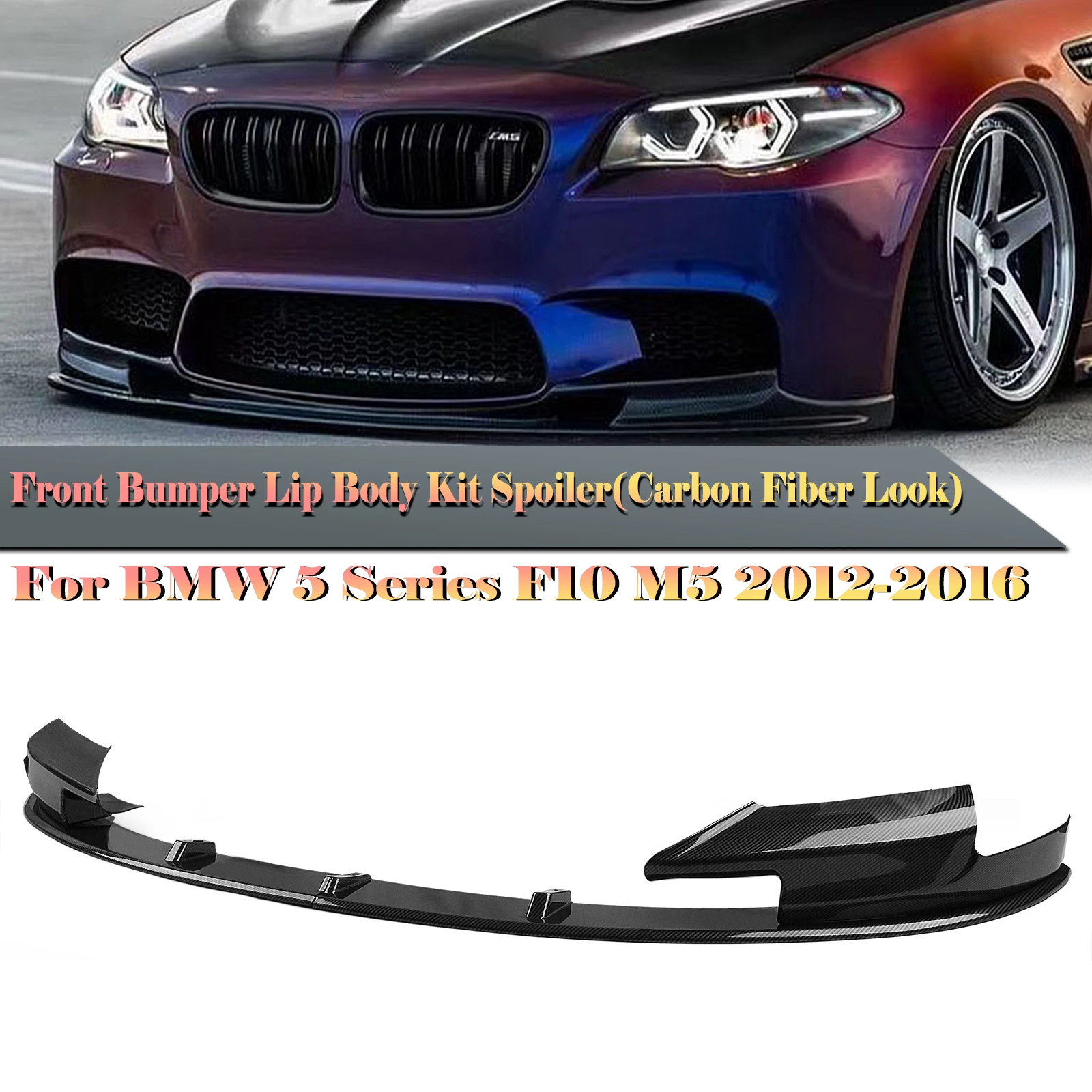 

For BMW 5 Series F10 M5 Only 2012-2016 Carbon Fiber Look Front Bumper Spoiler Lip Blade+Car Lower Side Splitter Corner Cover Kit