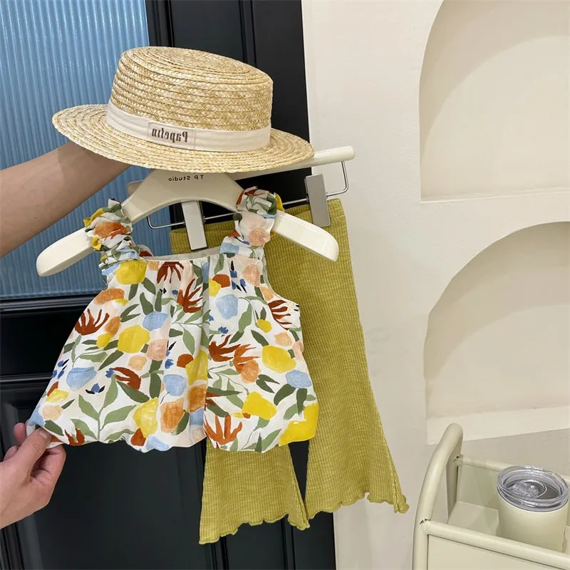 Girls' Outfit Floral Strap Top with Elastic Flared Pants25Summer New Foreign Trade Children's Wear Delivery
