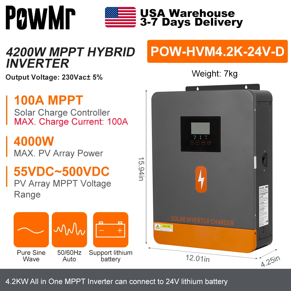 PowMr جديد 4.2KW محولات الطاقة الشمسية الهجينة 24 فولت بطارية إلى نطاق 230 فولت PV 55 ~ 450 فولت مدمج 100A MPPT جهاز التحكم بالشحن بالطاقة الشمسية مع WIFI #2