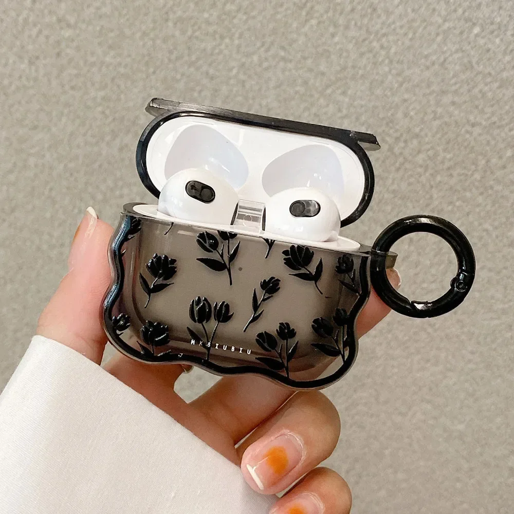 INS Clear Black Tulip Flower Case For AirPods 3 1 Cute Transparent Cover Retro Rose Flowers Wave Earphone Funda For Airpod Pro 2